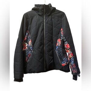 Obermeyer Black Ski Jacket with Red & Blue Floral Panels